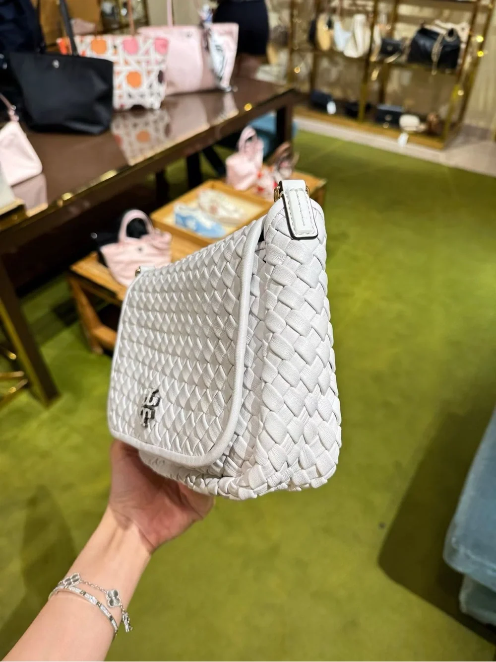 Tory Burch Thea Woven Leather Flap Crossbody in White NWT
